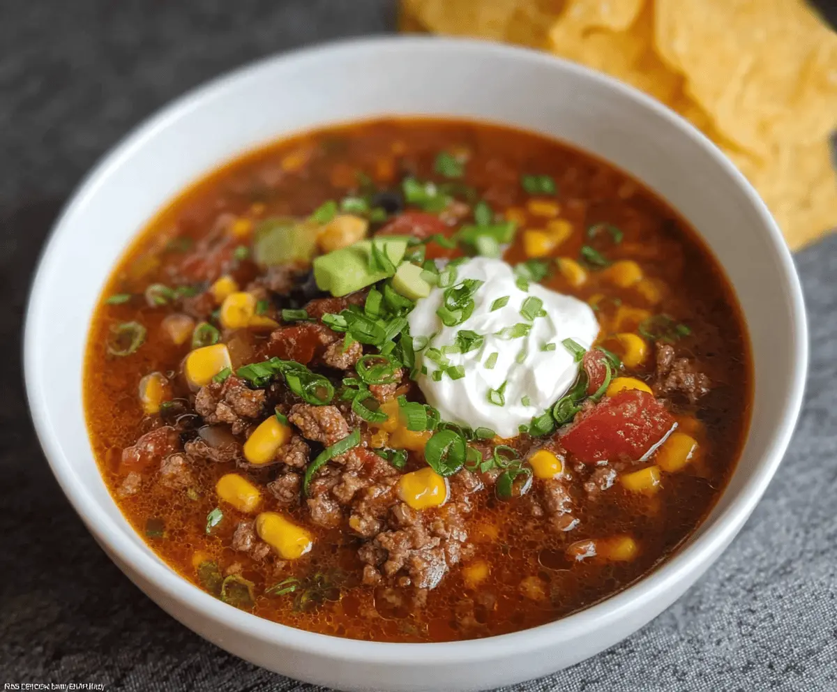 Delicious Instant Pot Beef Taco Soup in a bowl garnished with fresh cilantro and shredded cheese, ready to serve