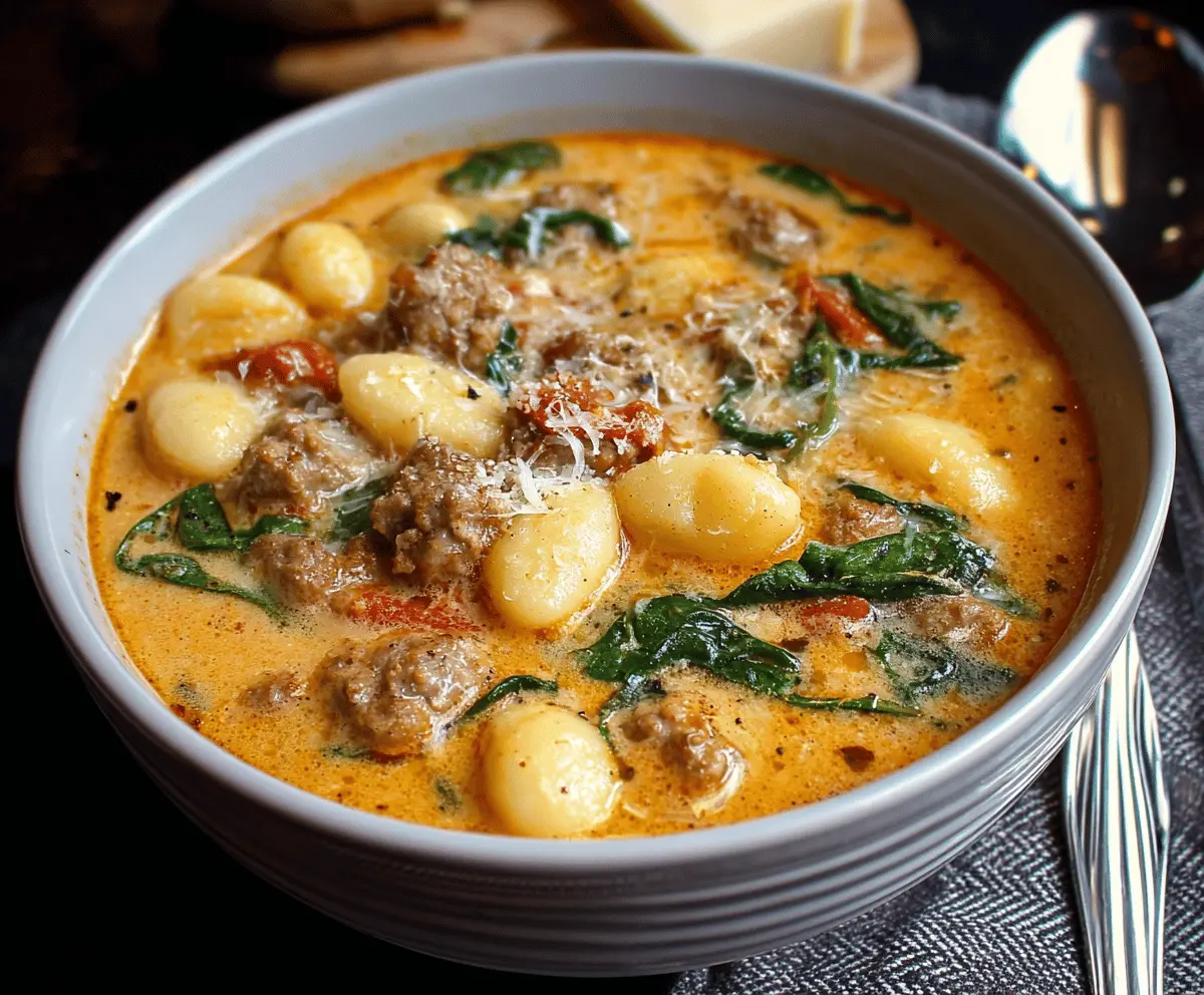 A bowl of hearty Italian Sausage Gnocchi Soup featuring tender gnocchi, savory sausage, fresh spinach, and melted cheese in a flavorful broth.