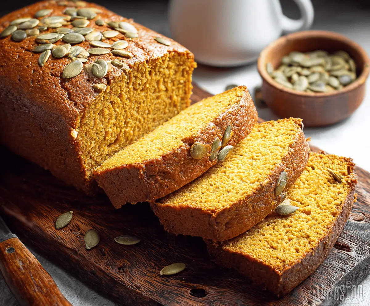 Delicious homemade keto pumpkin bread topped with walnuts, perfect for a low-carb fall dessert or snack.