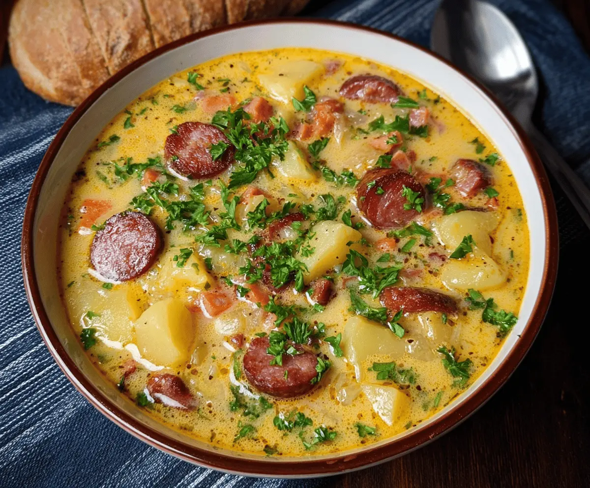 Creamy kielbasa potato soup served in a bowl, garnished with fresh herbs and topped with sliced kielbasa sausage and chopped green onions.