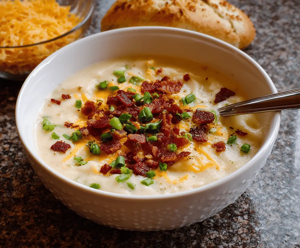 Creamy loaded potato soup topped with crispy bacon, shredded cheese, green onions, and sour cream in a bowl.