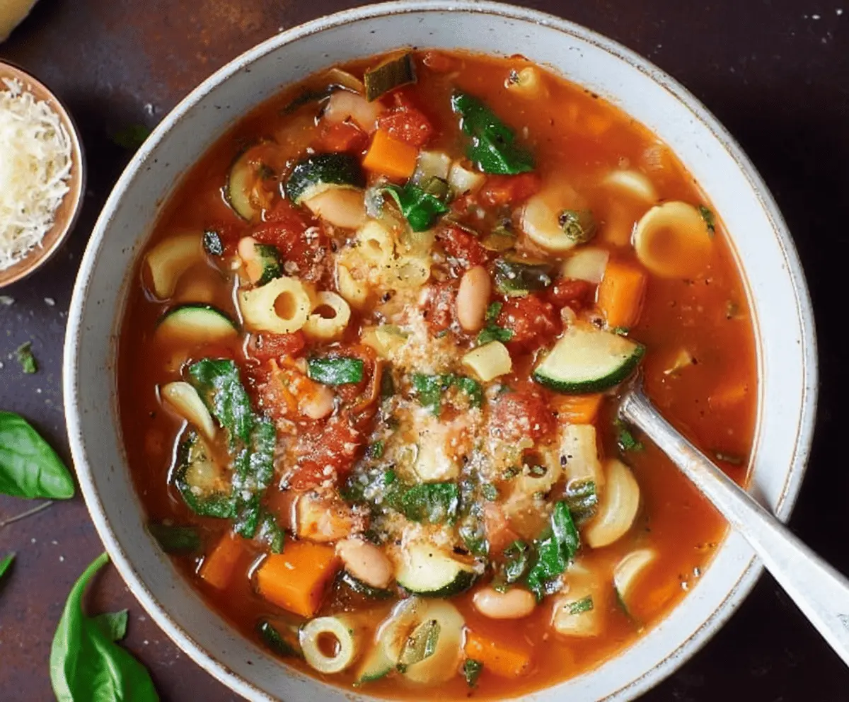 A steaming bowl of hearty minestrone soup filled with colorful vegetables, beans, pasta, and herbs, served in a rustic bowl on a wooden table.