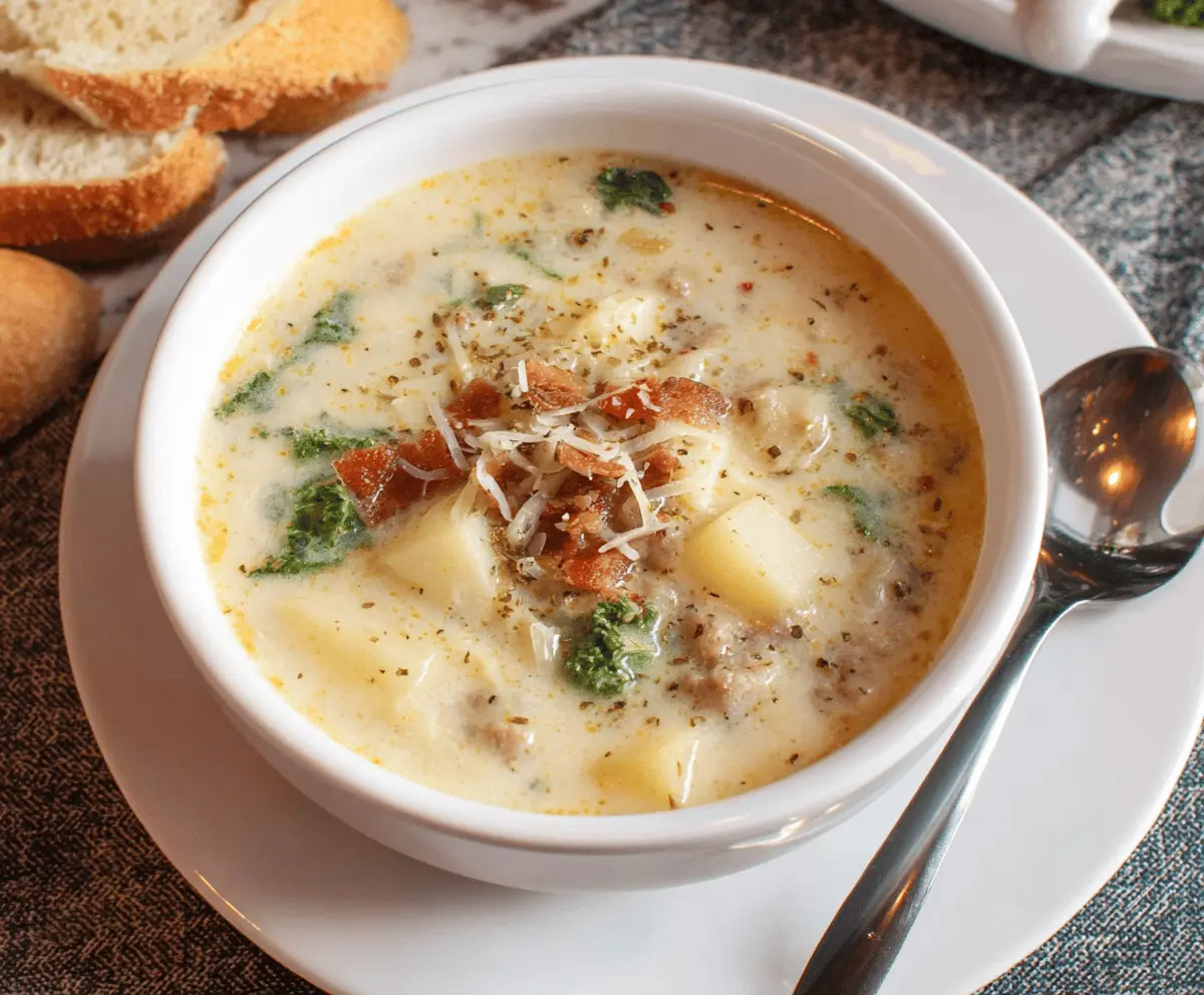 Creamy Olive Garden Potato Soup topped with shredded cheese, crispy bacon bits, and chopped green onions in a bowl, served with fresh bread on the side.