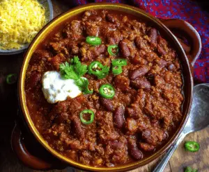 Hearty one-pot chili served in a bowl with toppings and garnishes, perfect for a comforting meal
