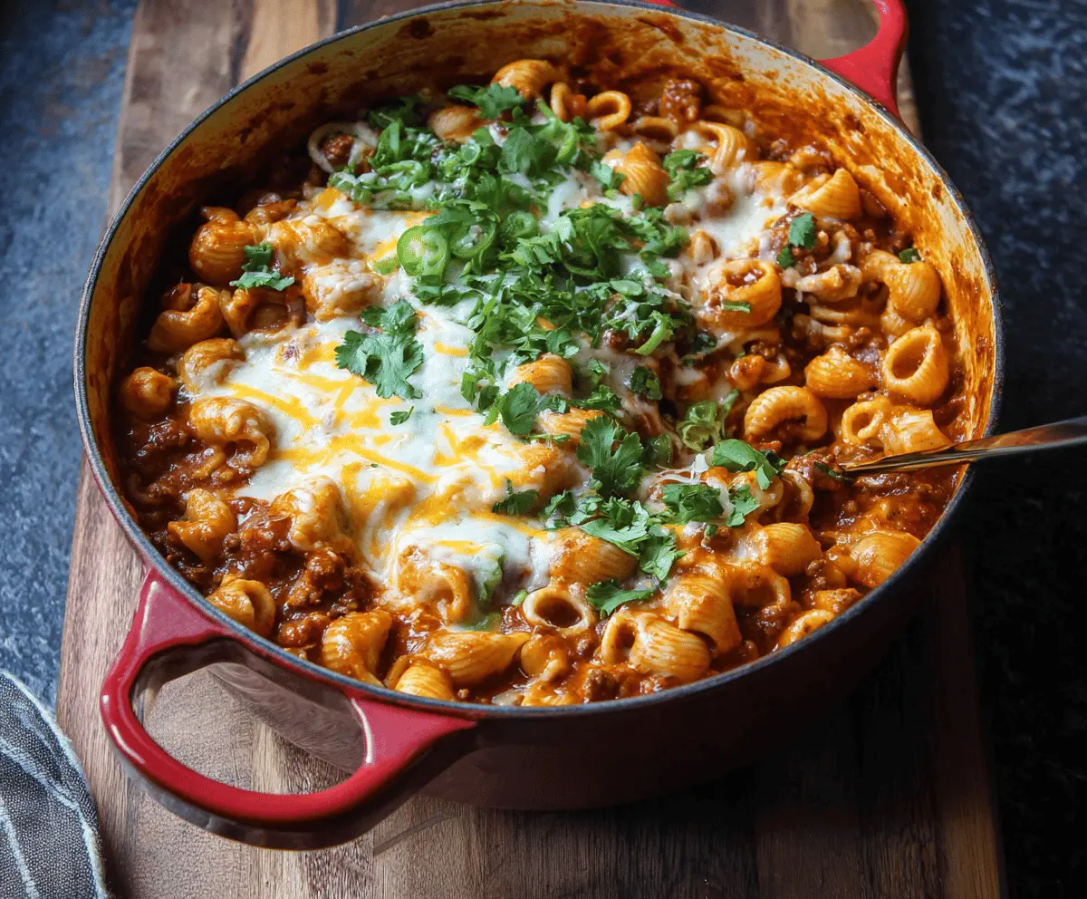 Delicious One Pot Chili Mac and Cheese in a bowl, featuring creamy cheese, spicy chili, and pasta for a hearty, easy-to-make comfort food meal.