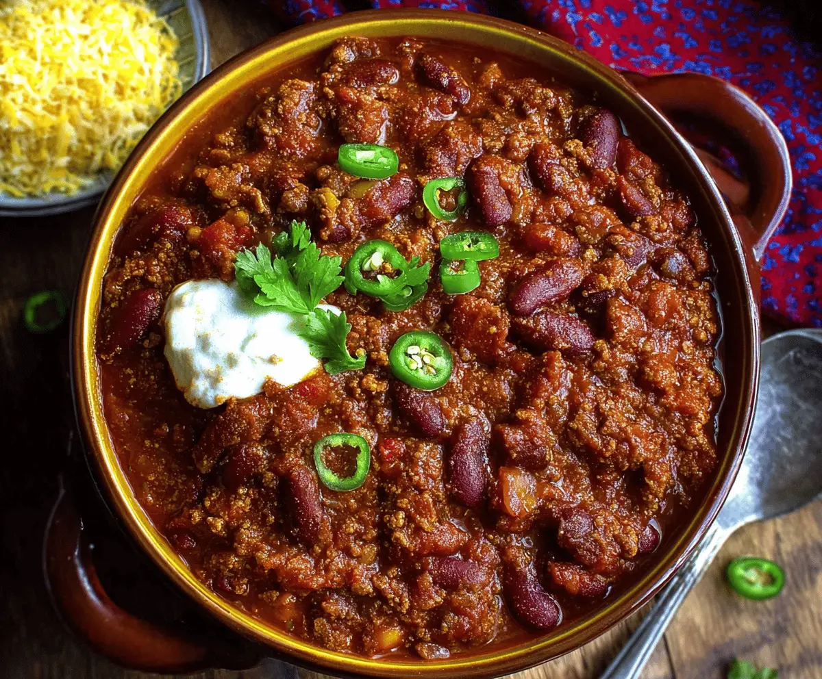 Hearty one-pot chili served in a bowl with toppings and garnishes, perfect for a comforting meal