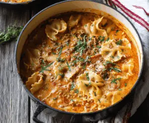 Creamy one-pot lasagna soup in a bowl garnished with cheese and herbs, perfect for a comforting meal