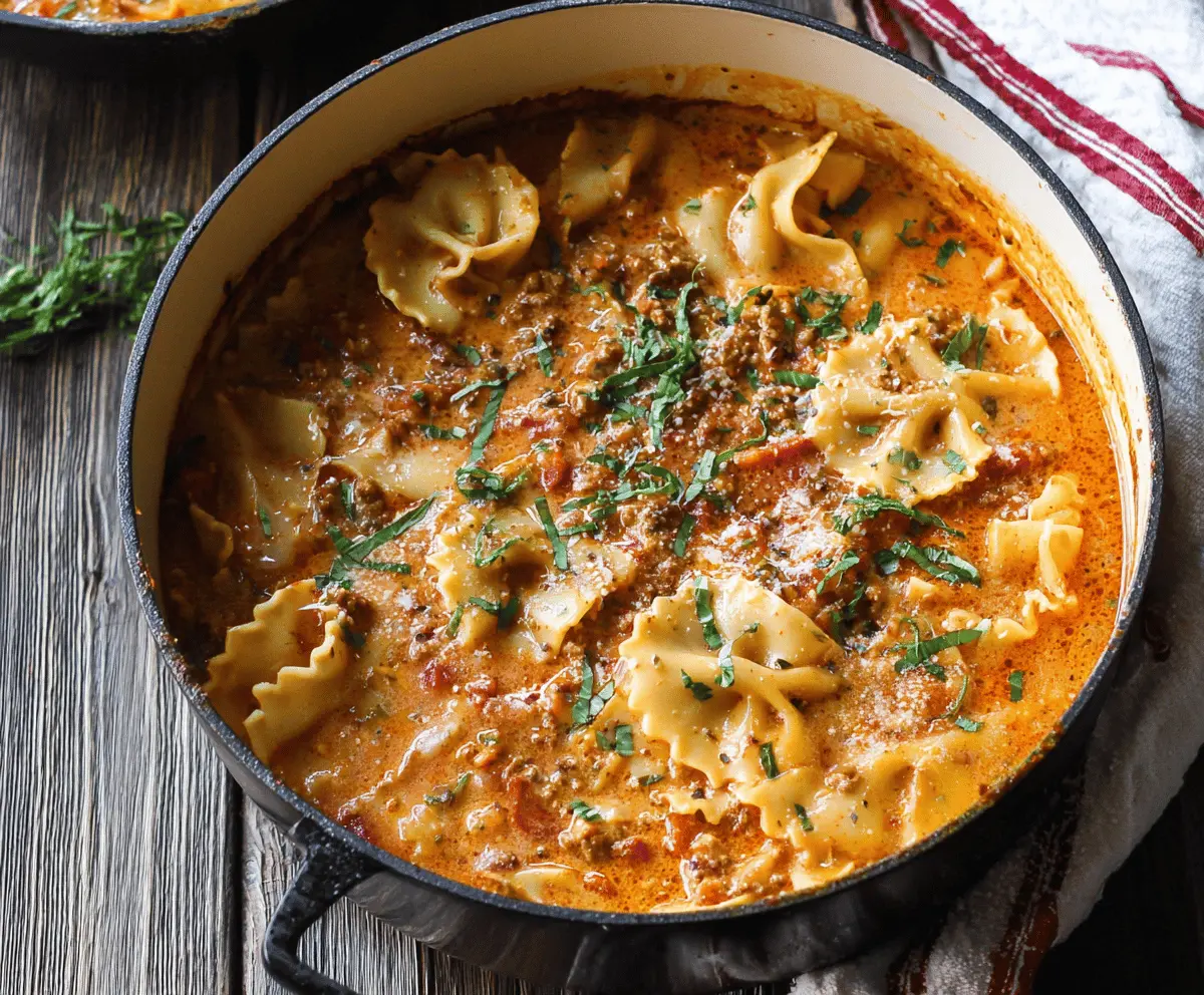 Creamy one-pot lasagna soup in a bowl garnished with cheese and herbs, perfect for a comforting meal