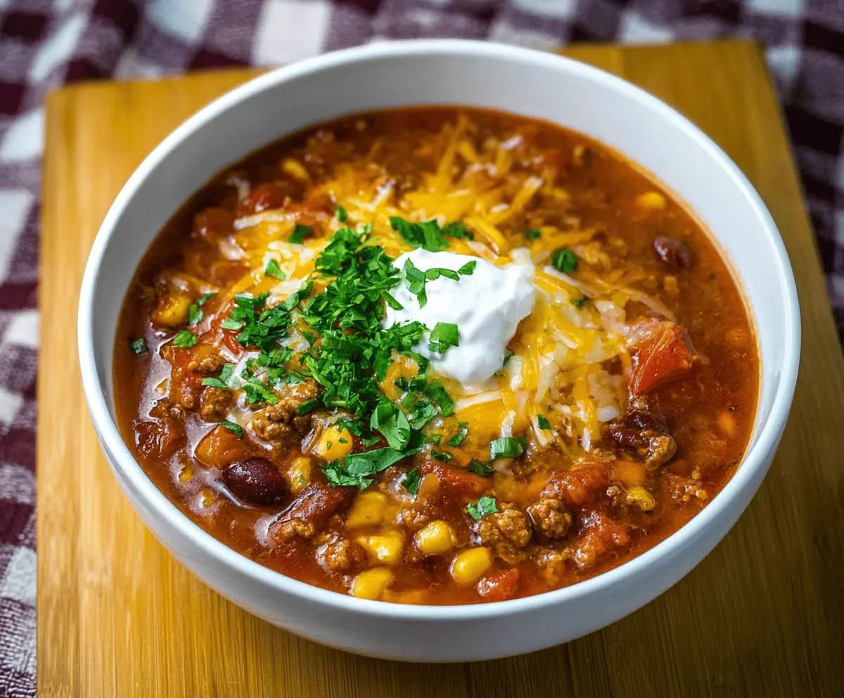A delicious, hearty one-pot taco soup with ground beef, beans, corn, tomatoes, and spices served in a bowl, perfect for a comforting meal.