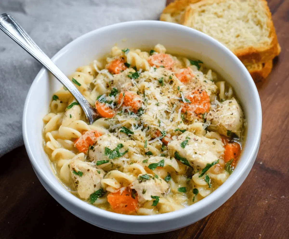 A comforting bowl of Parmesan Chicken Noodle Soup topped with fresh herbs and grated Parmesan cheese, served with warm bread on the side.