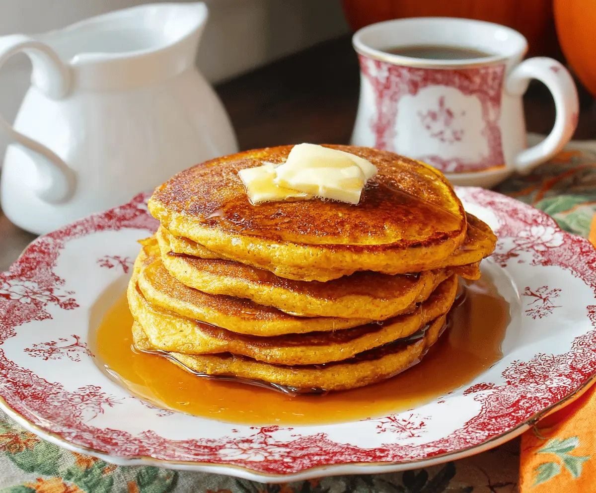 Delicious Pioneer Woman Pumpkin Pancakes topped with whipped cream and autumn spices on a rustic plate