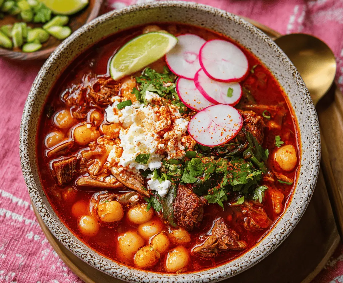 Delicious bowl of traditional Pozole (Posole) Soup featuring tender pork, hominy, fresh lime, radishes, lettuce, and crispy tortilla chips on a rustic wooden table.