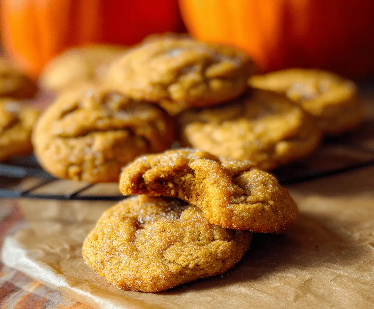 Golden Pumpkin Brown Sugar Cookies topped with a sprinkle of cinnamon and brown sugar, featuring a soft and chewy texture perfect for fall desserts.