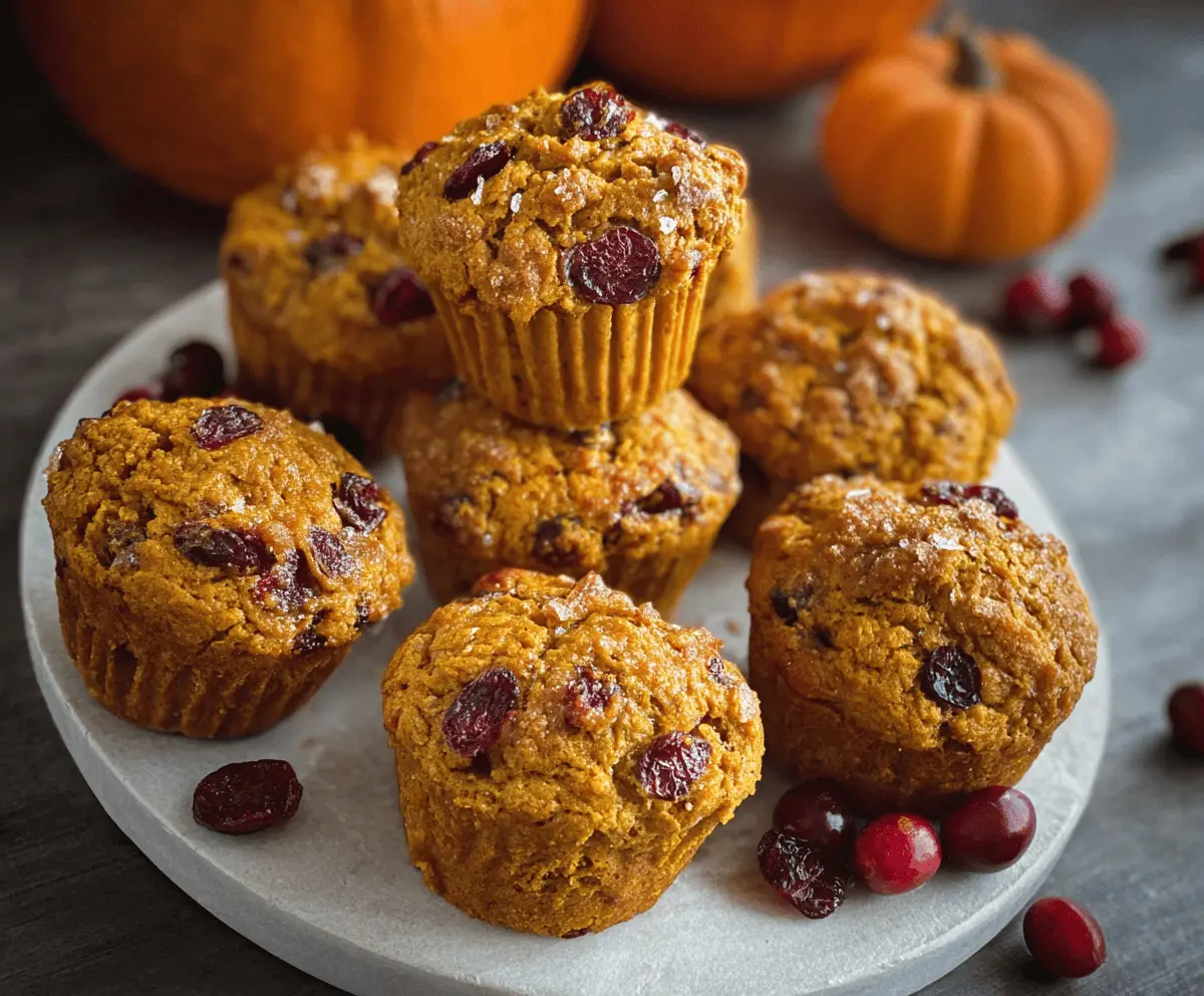 Delicious homemade pumpkin cranberry muffins with a golden crust and vibrant orange and red cranberry topping, perfect for fall baking