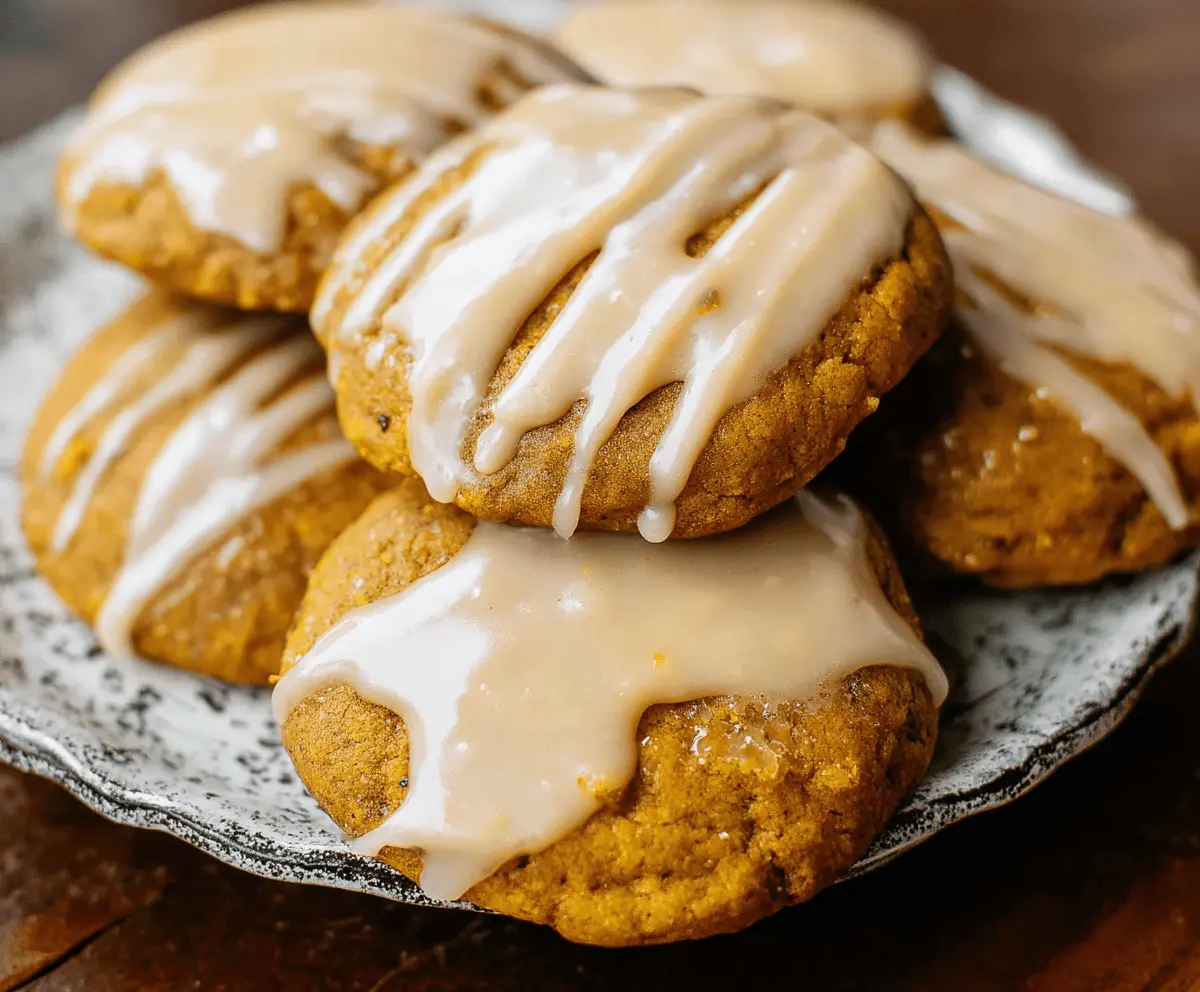 Delicious pumpkin glazed cookies with a shiny orange glaze and festive sprinkles on a rustic wooden surface.