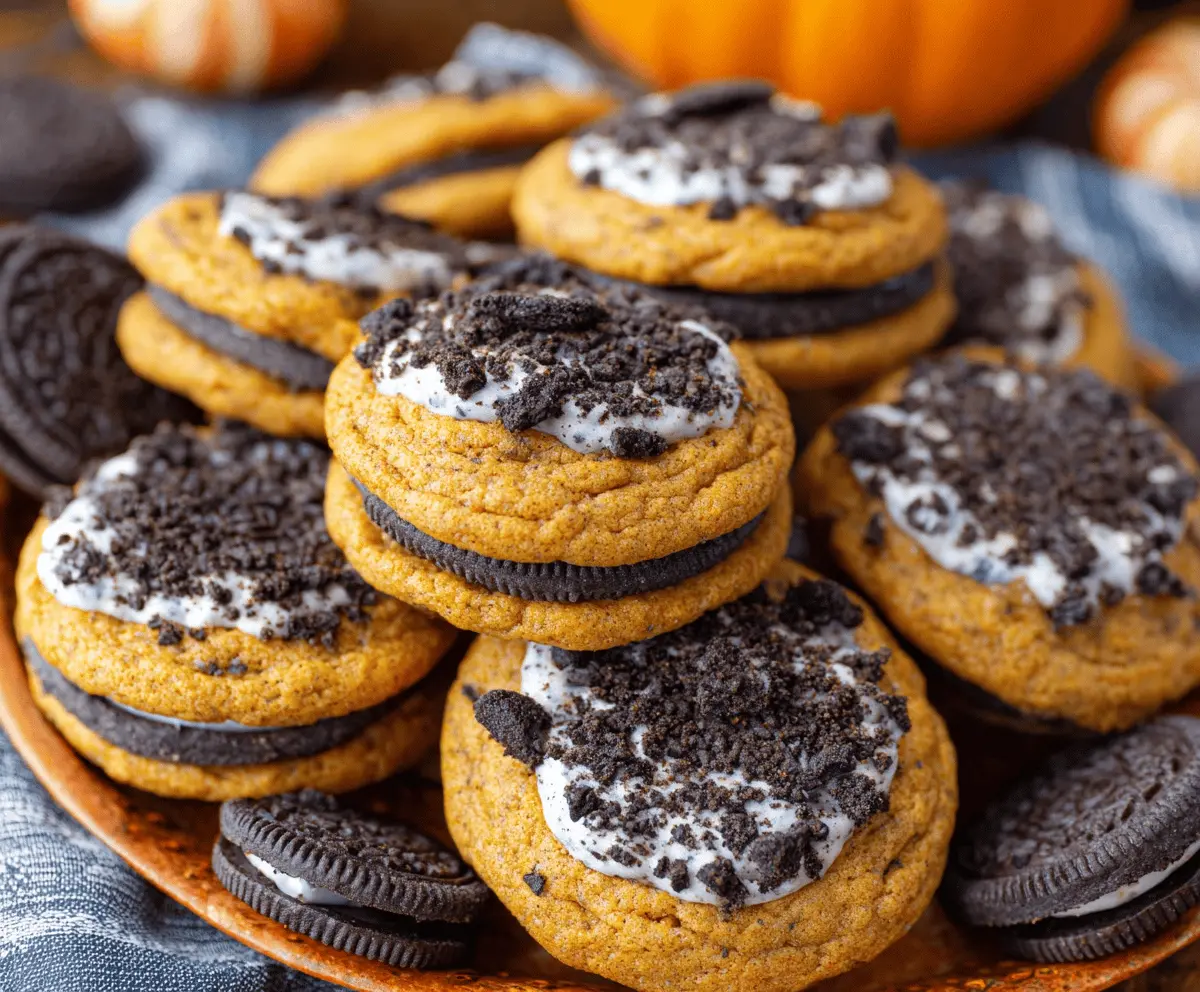 Delicious homemade Pumpkin Oreo Cookies with creamy pumpkin filling and chocolate cookie crust, perfect for fall treats.