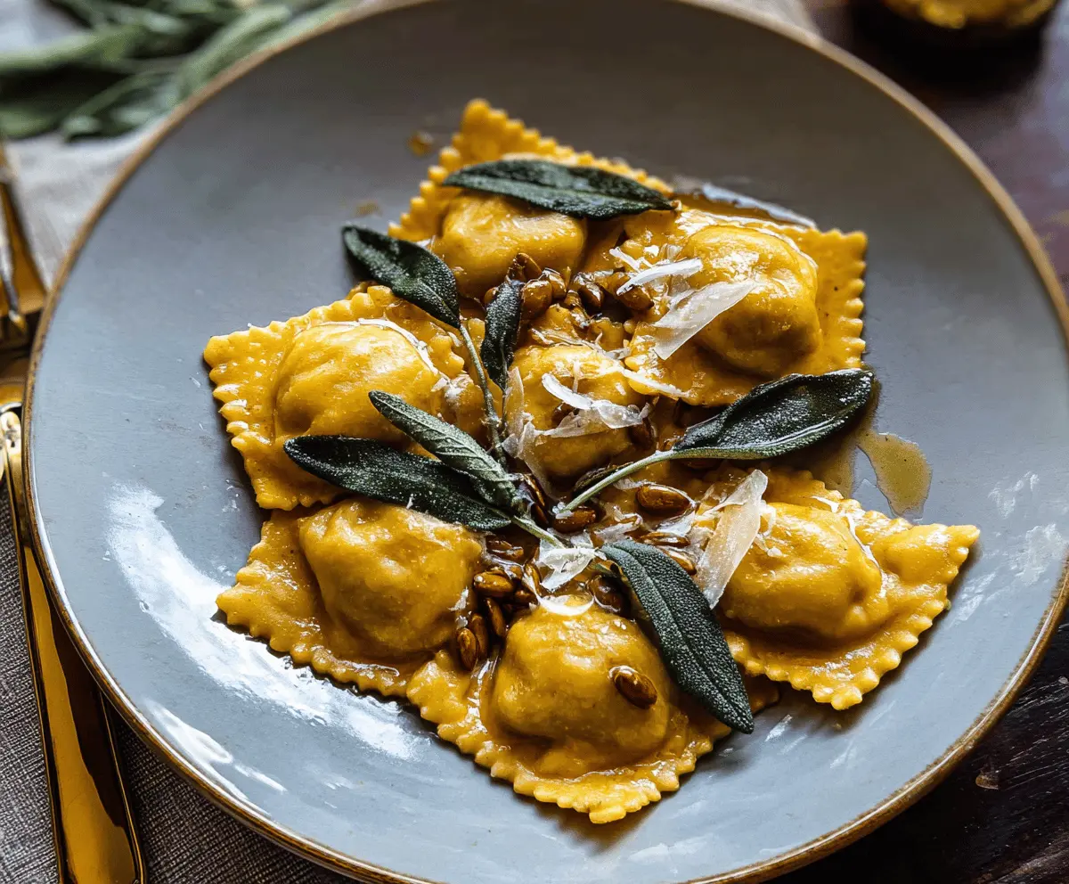 Delicious pumpkin ravioli topped with brown butter and fresh sage leaves on a white plate, perfect for fall-inspired Italian cuisine.