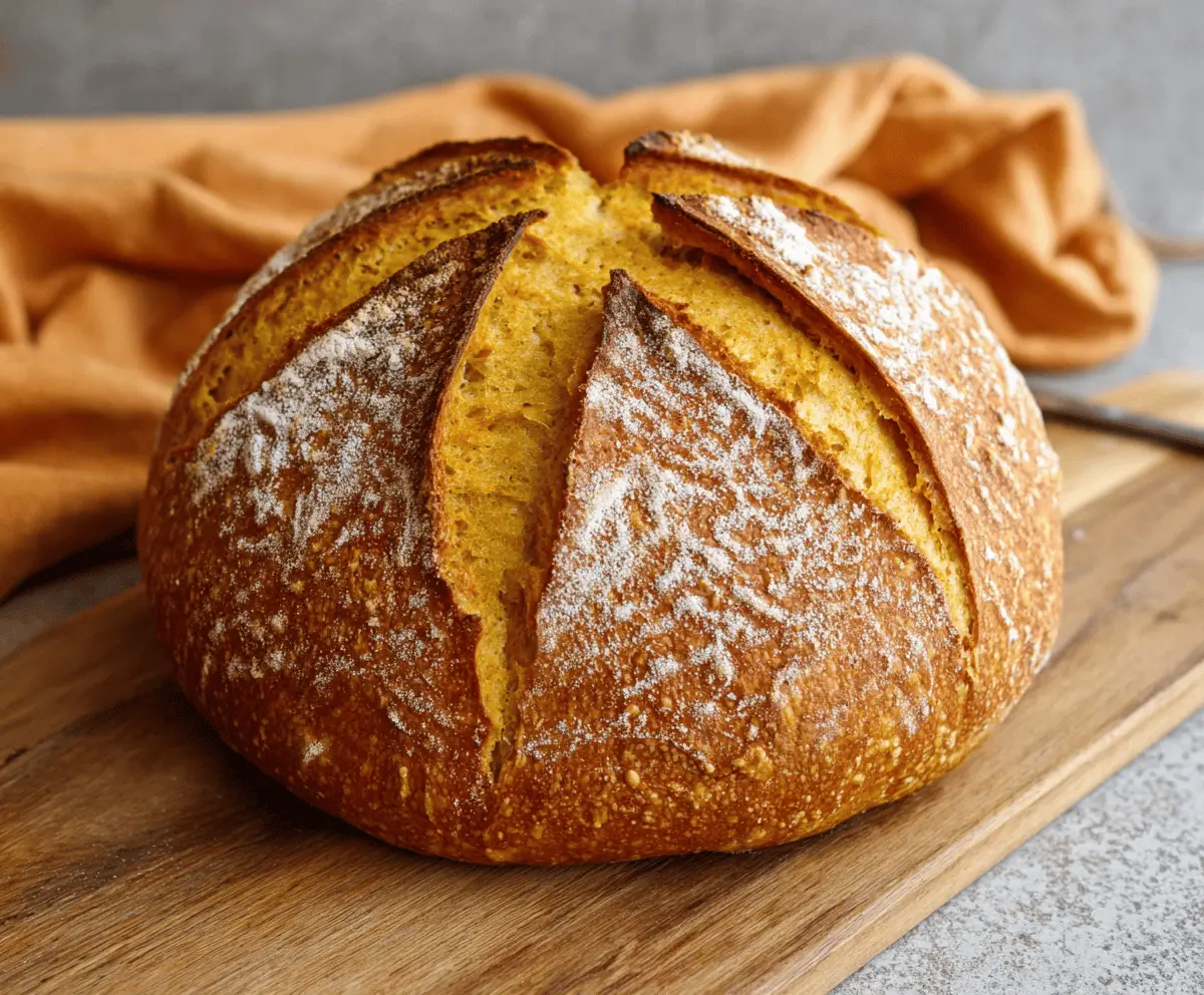 Golden pumpkin sourdough bread topped with pumpkin seeds, sliced to reveal a moist, flavorful interior, perfect for fall baking.