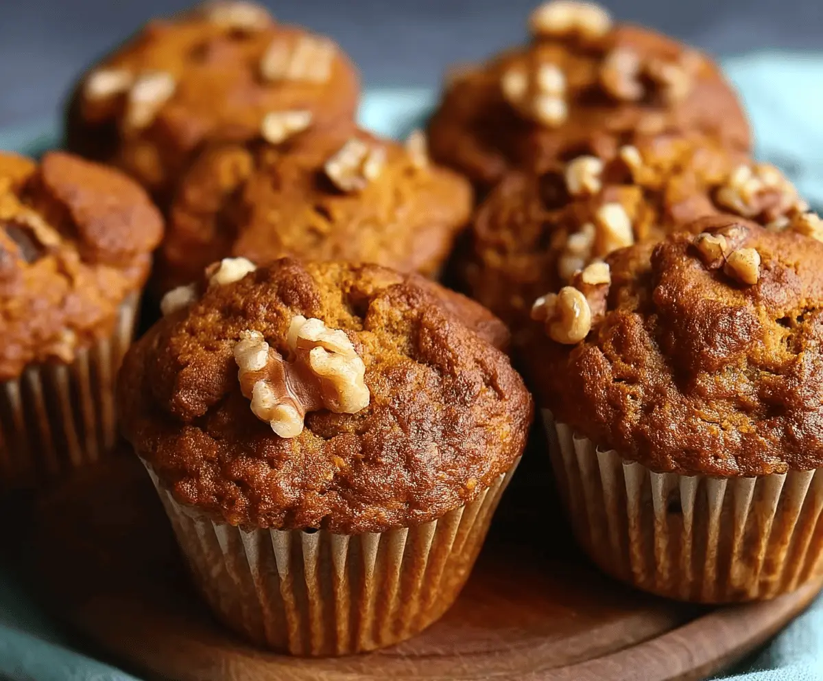 Freshly baked pumpkin walnut muffins on a plate, featuring moist pumpkin flavor and crunchy walnut topping, perfect for fall breakfast or snack.