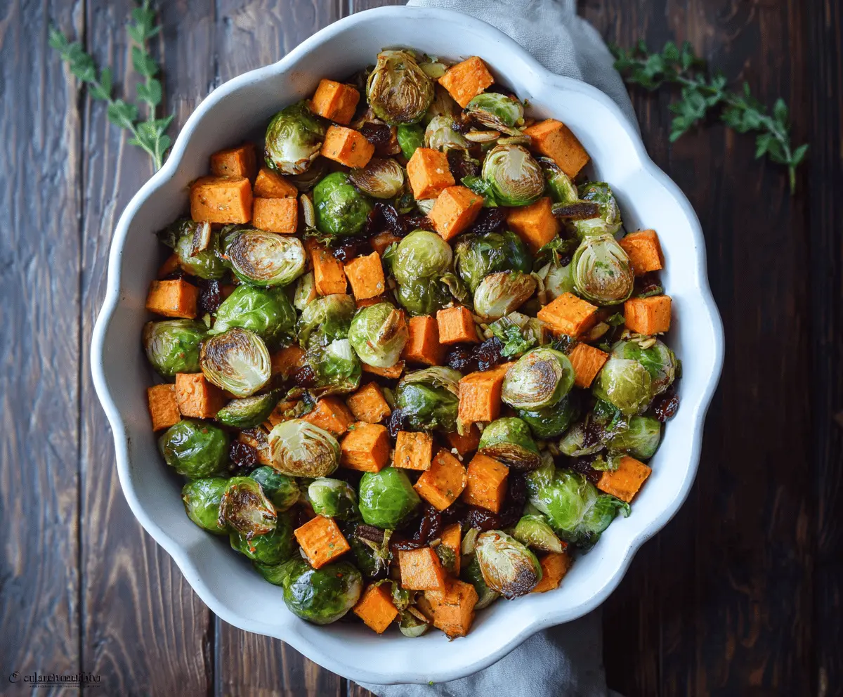 Roasted Brussels sprouts and sweet potatoes garnished with herbs on a white plate, showcasing a healthy and delicious vegetarian side dish.