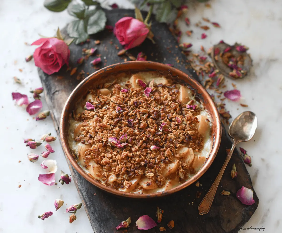 Delicious rose water apple crisp topped with golden crumble served in a white bowl, ready to enjoy