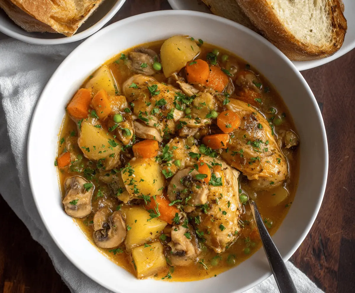 Hearty slow cooker chicken stew with vegetables and herbs in a rustic bowl, perfect for comfort food.