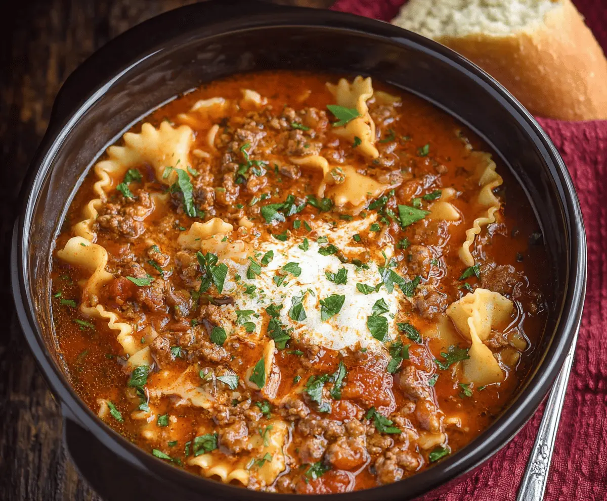 Creamy and savory Slow Cooker Ground Beef Lasagna Soup in a bowl, topped with cheese and fresh herbs