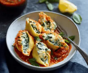 Delicious baked spinach and ricotta stuffed shells topped with melted cheese, served on a white plate