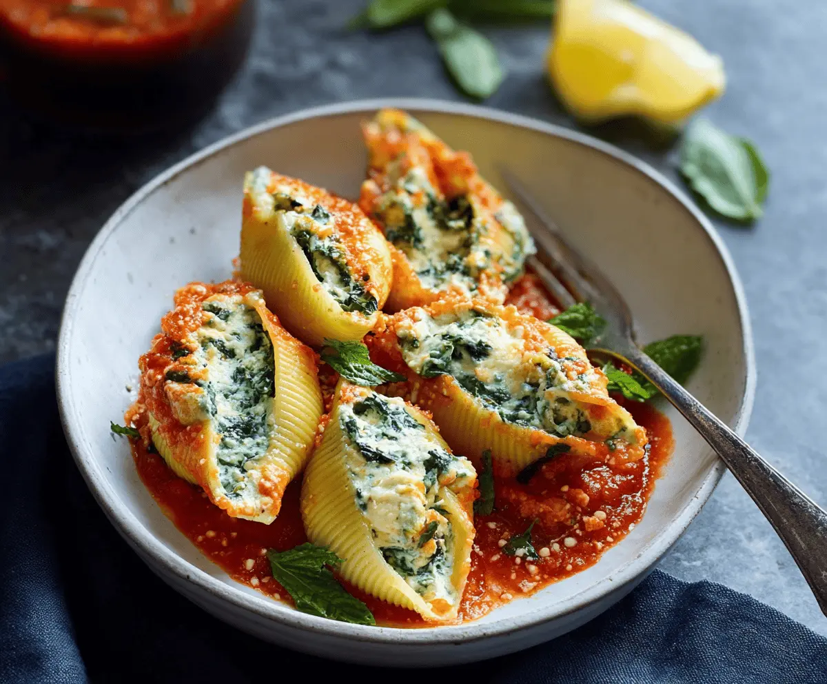 Delicious baked spinach and ricotta stuffed shells topped with melted cheese, served on a white plate