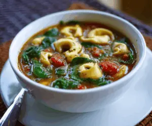 A bowl of warm spinach tortellini soup garnished with fresh herbs and grated cheese, served with a side of crusty bread.