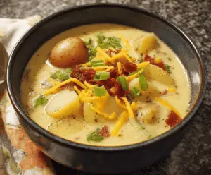 Creamy stovetop potato soup in a bowl garnished with fresh herbs, served with crusty bread on a rustic wooden table.