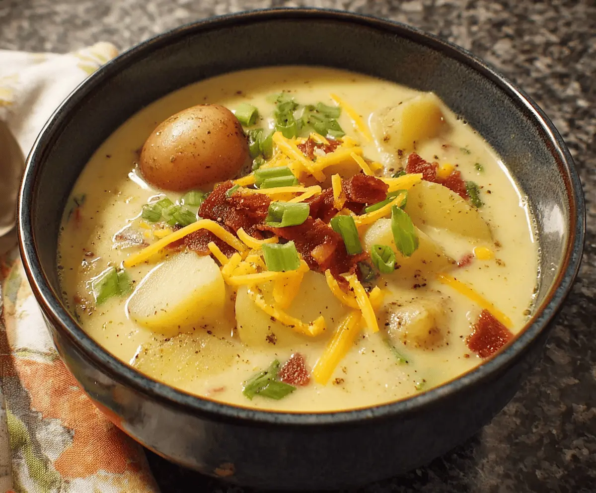 Creamy stovetop potato soup in a bowl garnished with fresh herbs, served with crusty bread on a rustic wooden table.