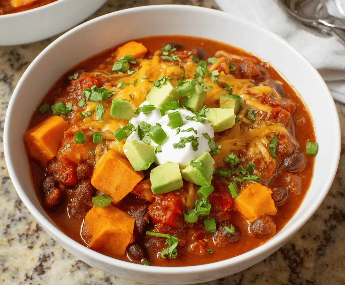 A bowl of hearty sweet potato chili topped with fresh cilantro and sour cream, featuring chunks of sweet potatoes, beans, and spices for a delicious and comforting vegetarian meal.