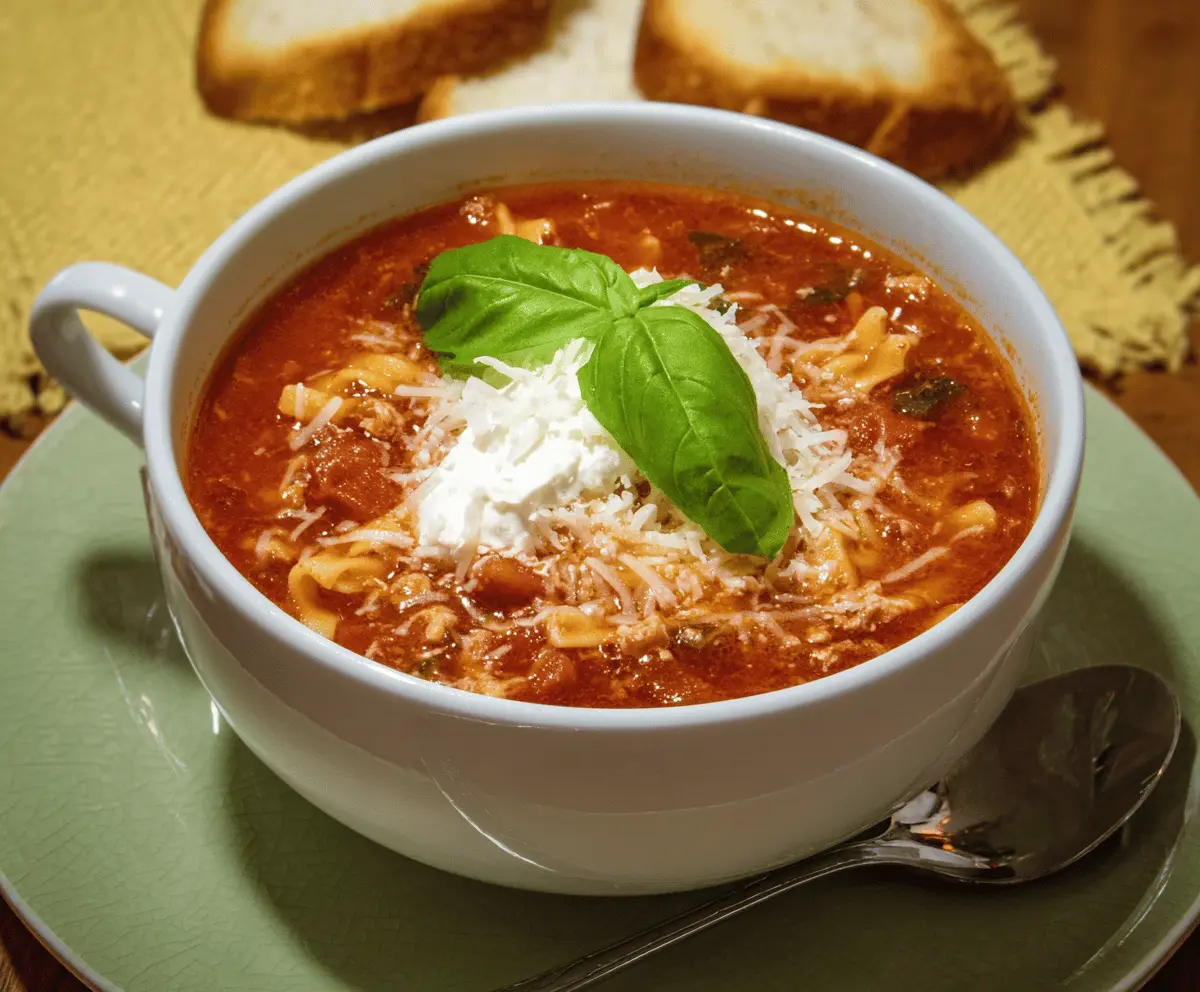 A steaming bowl of Tomato Basil Lasagna Soup topped with melted cheese, fresh basil leaves, and tomato slices, served with crusty bread on the side.