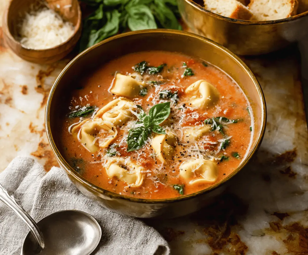 Warm and comforting tortellini soup with vegetables and herbs in a bowl, perfect for a cozy meal.