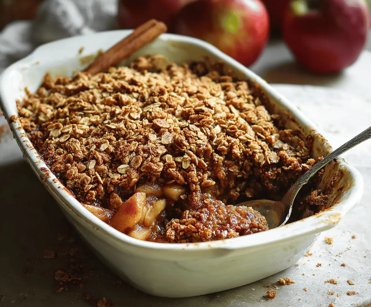 Delicious vegan apple crisp topped with golden oats and cinnamon, served in a rustic baking dish, perfect for a cozy dessert.