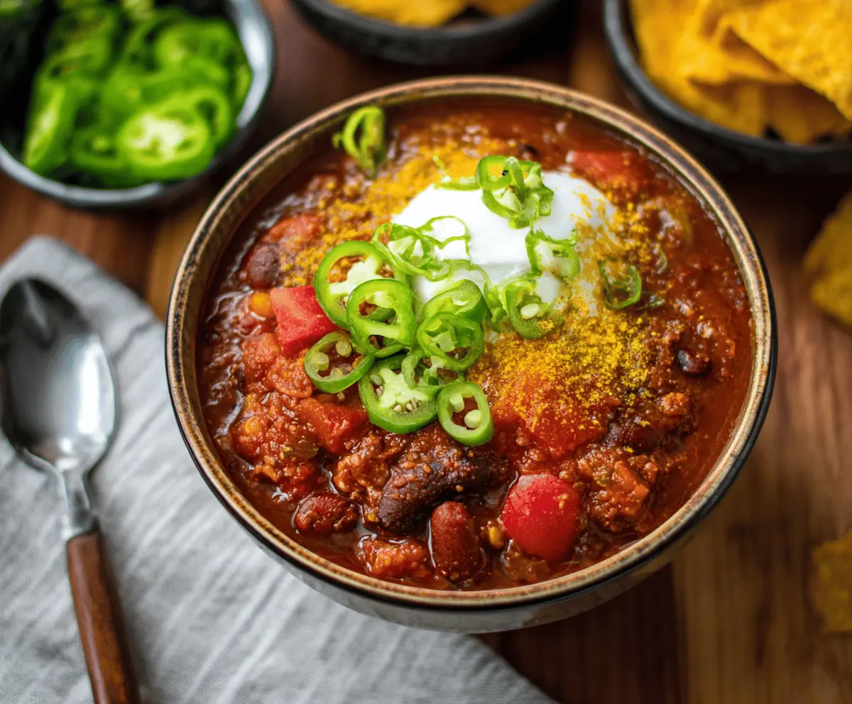 Vegan chili served in a bowl with fresh toppings, featuring beans, vegetables, and spices for a hearty plant-based meal