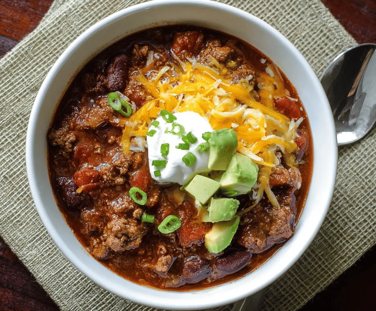 Savory venison chili topped with shredded cheese and chopped green onions in a rustic bowl