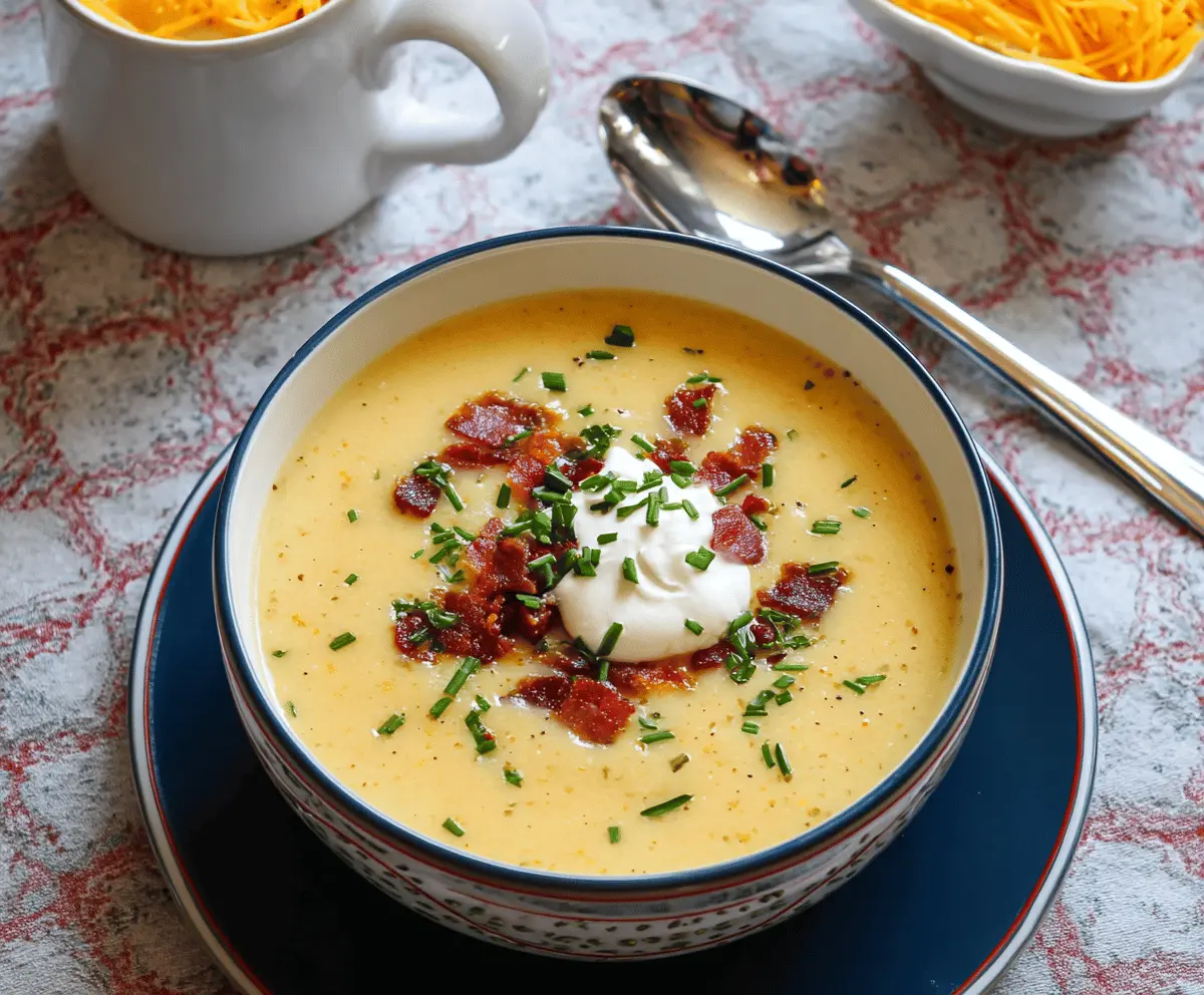 Creamy Yukon Gold Potato Soup garnished with fresh herbs and served in a bowl, perfect for a comforting and hearty meal.