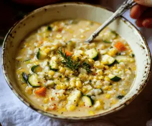 Creamy zucchini and corn chowder served in a bowl, topped with fresh herbs and garnished with a sprinkle of pepper, perfect for a comforting, healthy meal.