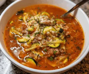 Hearty zucchini lasagna soup in a bowl garnished with fresh basil and melted cheese, perfect for a comforting and low-carb meal.