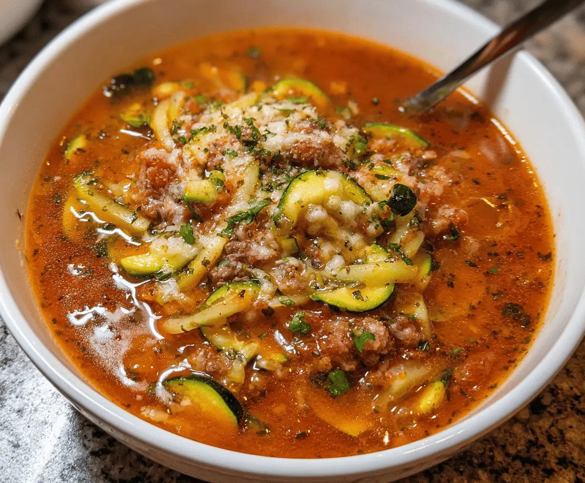 Hearty zucchini lasagna soup in a bowl garnished with fresh basil and melted cheese, perfect for a comforting and low-carb meal.