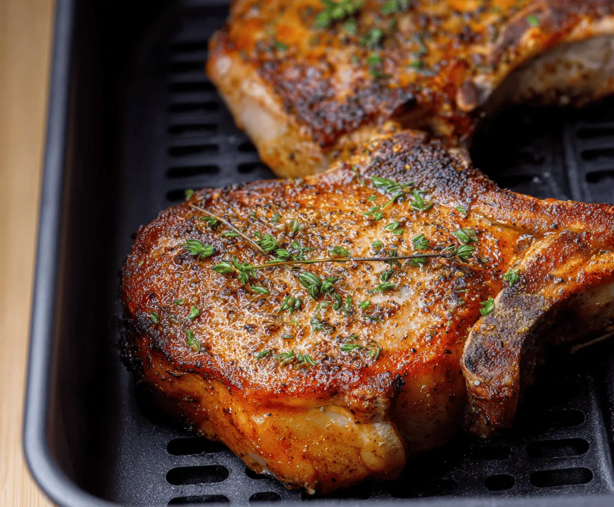 Juicy, crispy air fryer pork chops cooked to perfection on a plate with garnish, ready to serve