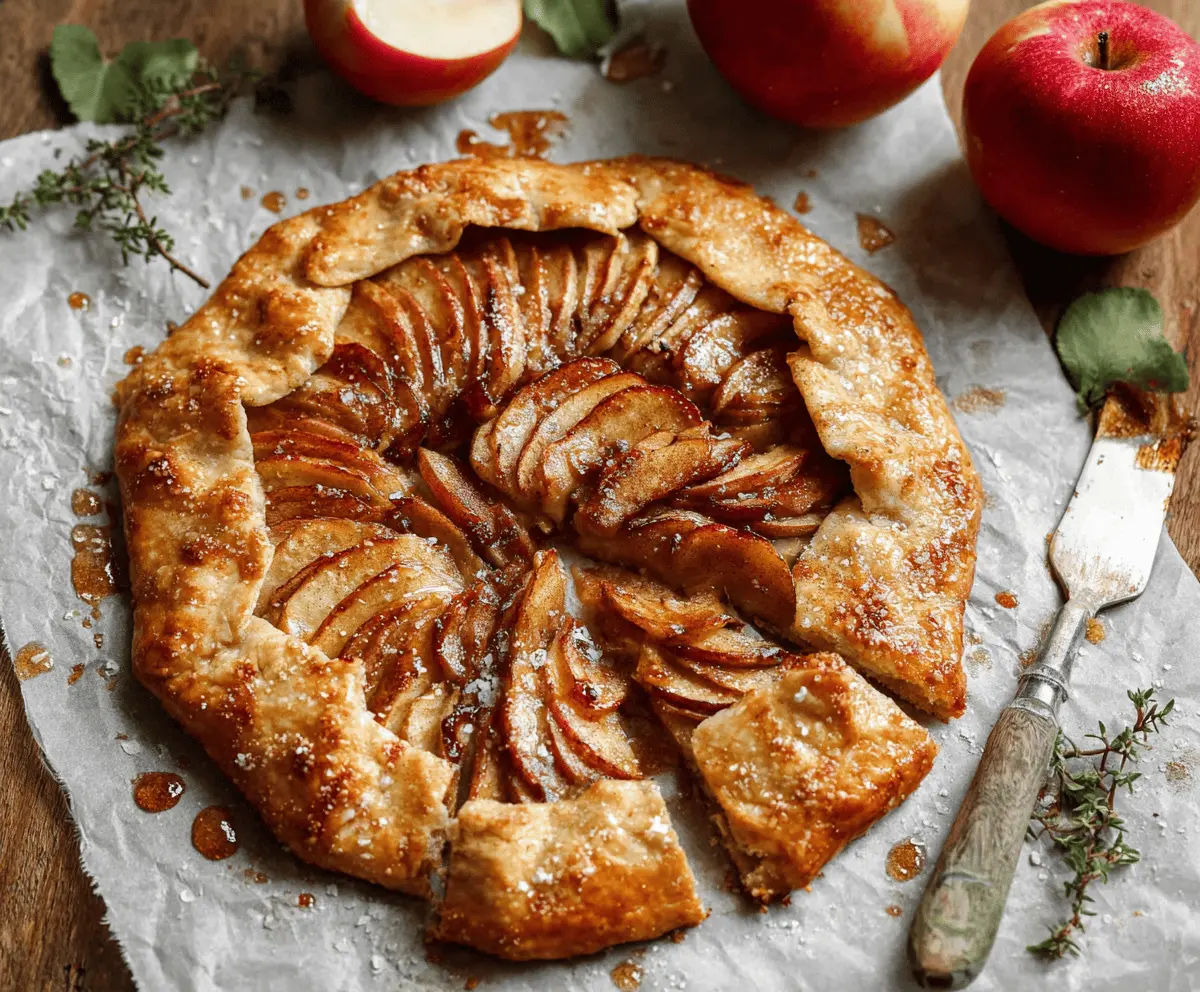 Homemade apple galette with flaky pastry and caramelized apple slices on a rustic wooden table