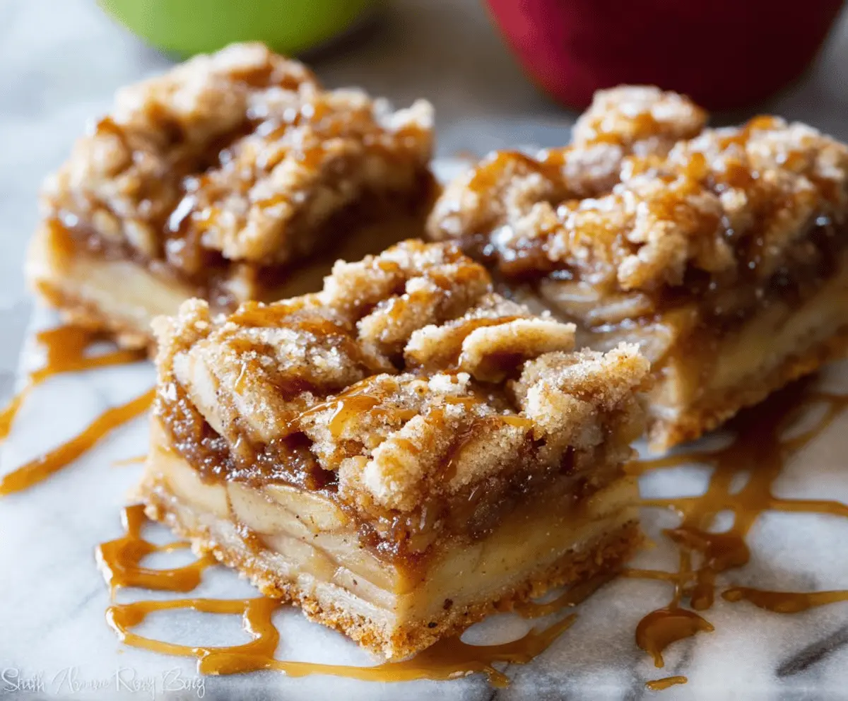 Golden apple pie bars with a flaky crust and cinnamon-spiced apple filling on a white plate.
