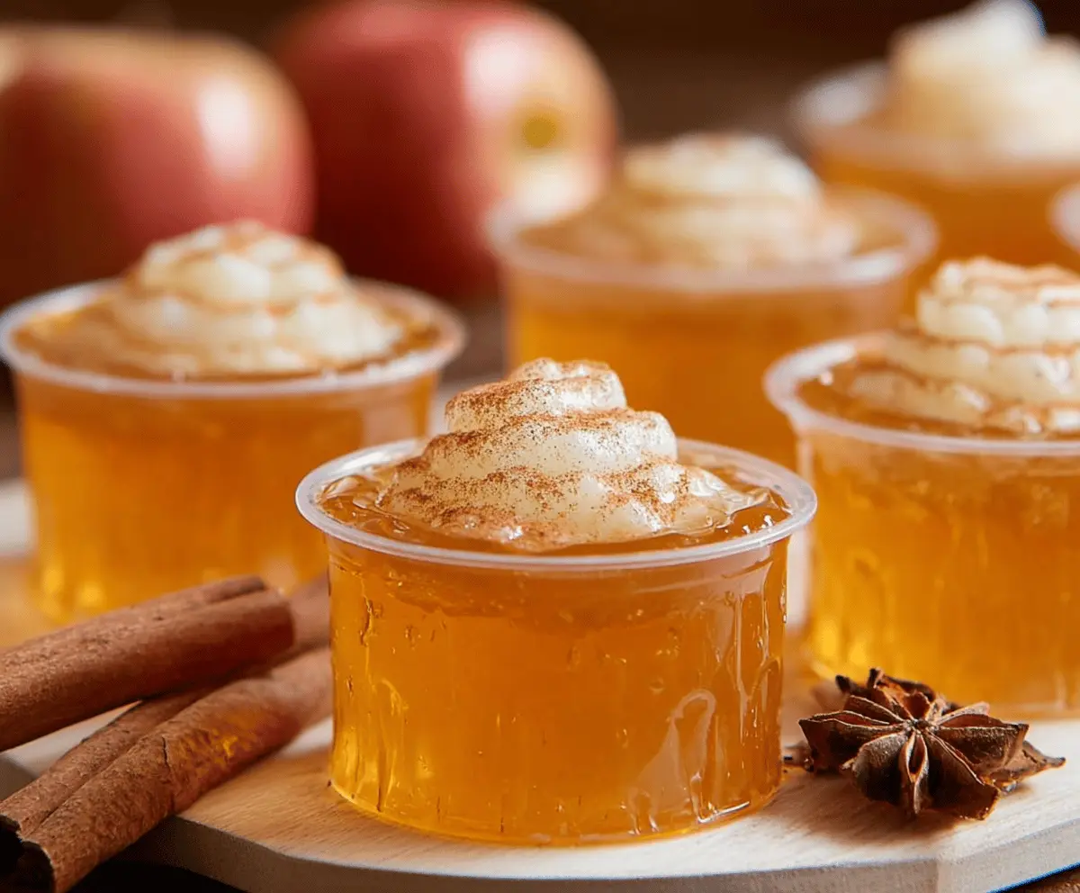 Delicious Apple Pie Jello Shots with cinnamon and apple chunks in a clear glass, perfect for fall parties