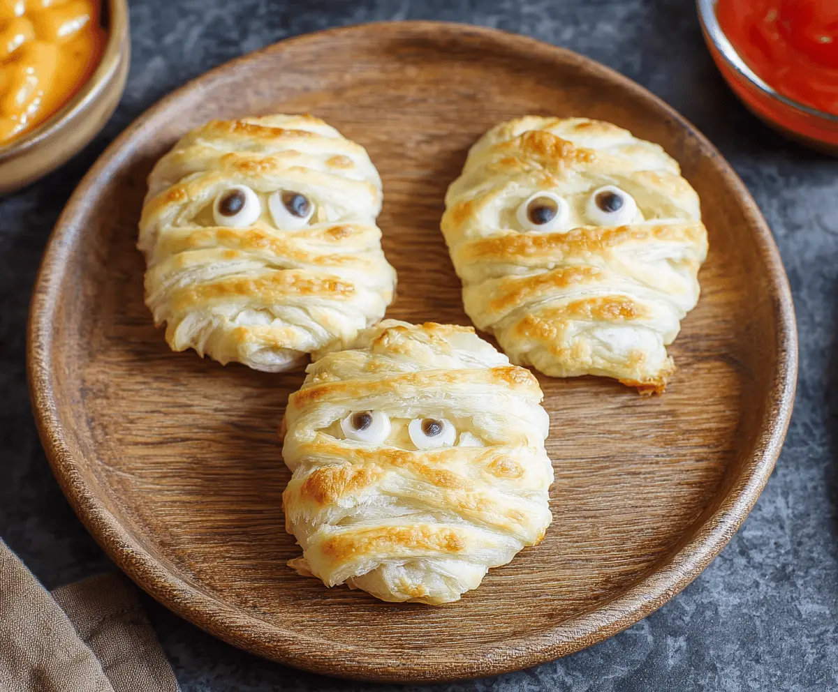 Delicious baked cheese mummies with pretzel arms and googly eyes, perfect for Halloween snacks