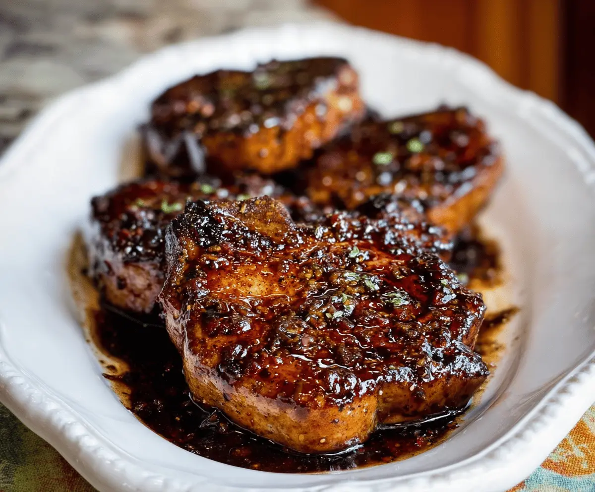 Juicy pork chops glazed with rich balsamic reduction served with fresh herbs on a white plate