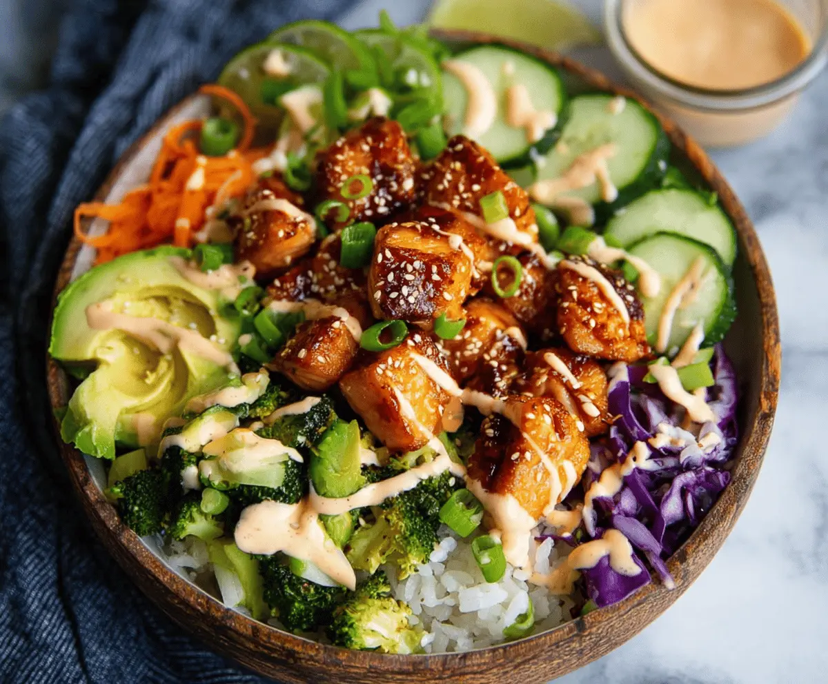 Delicious Bang Bang Salmon Bite Bowls featuring crispy salmon bites, creamy sauce, fresh vegetables, and rice, perfect for a flavorful seafood meal