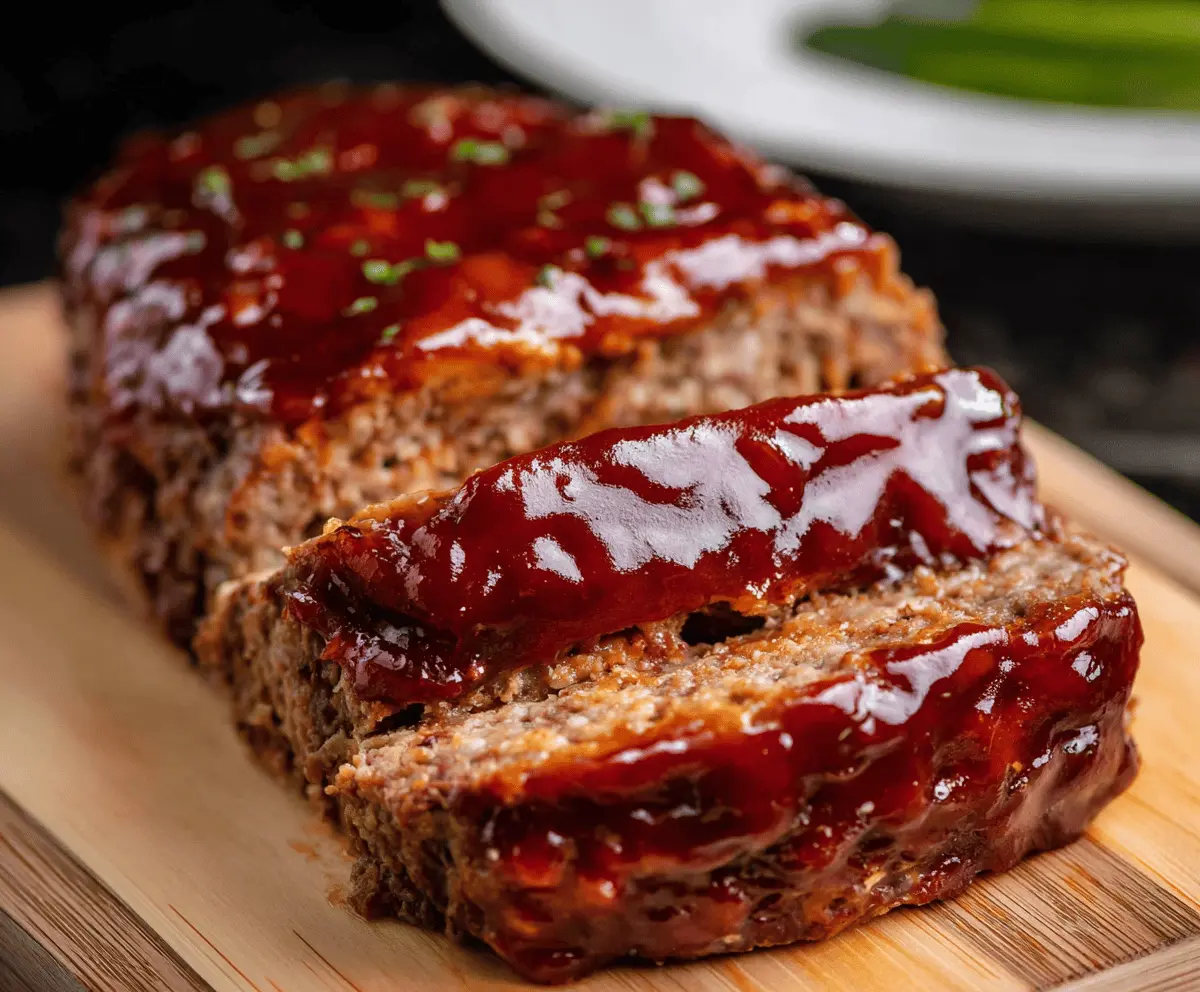Juicy BBQ glazed meatloaf topped with smoky sauce and garnished with fresh herbs on a rustic serving plate